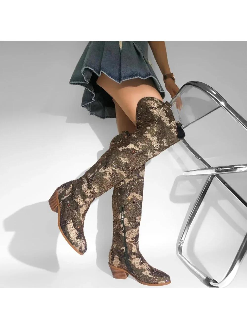 🆕 Women's Camouflage Embroidered Rhinestones Western Wide Calf Cowboy Boots